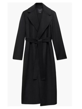 MNG Mango Black Wrap Wool Blend Long Coat with Self Tie Belt, NEW